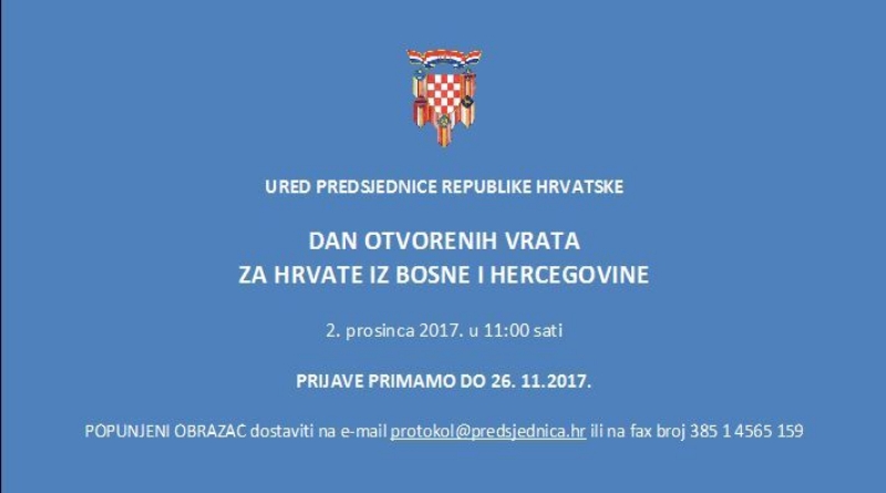 URED PREDSJEDNICE RH: Dan otvorenih vrata za Hrvate iz BiH 2. prosinca