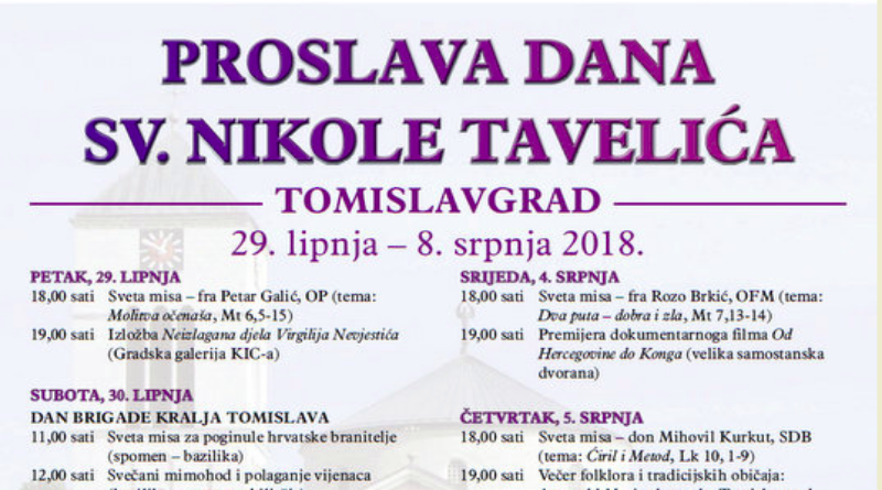 TOMISLAVGRAD: PLAN I PROGRAM NA DAN SVETOG NIKOLE TAVELIĆA 2018.