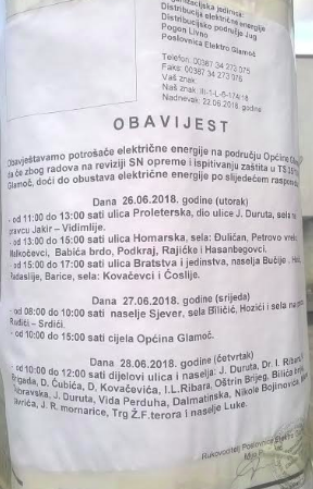 GLAMOČ: OBAVIJEST O NESTANKU STRUJE NA PODRUČJU OPĆINE GLAMOČ