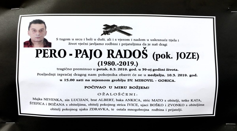 Posljednji ispraćaj Pere Radoša (39) bit će u nedjelju na groblju Sv.Mihovil-Gorica u Livnu