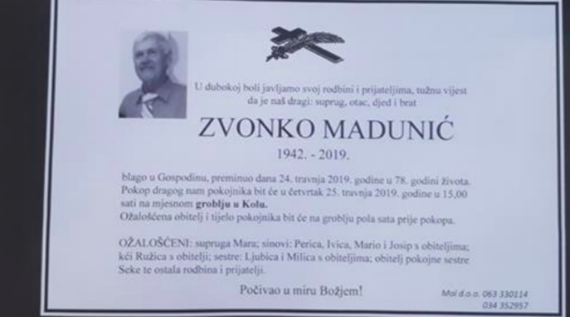 OBAVIJEST O SMRTI: Preminuo je Zvonko Madunić (1942.- 2019.) s Kola