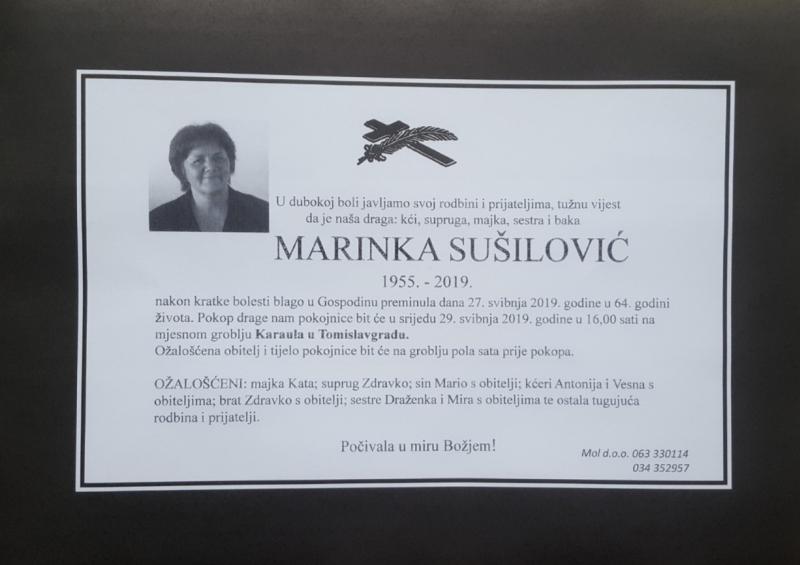 Posljednji ispraćaj Marinke Sušilović bit će 29. svibnja u Tomislavgradu