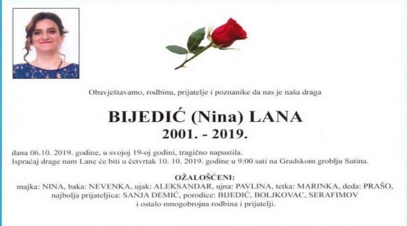 Devetnaestogodišnja Lana Bijedić bit će sahranjena u četvrtak na mostarskom groblju Sutina