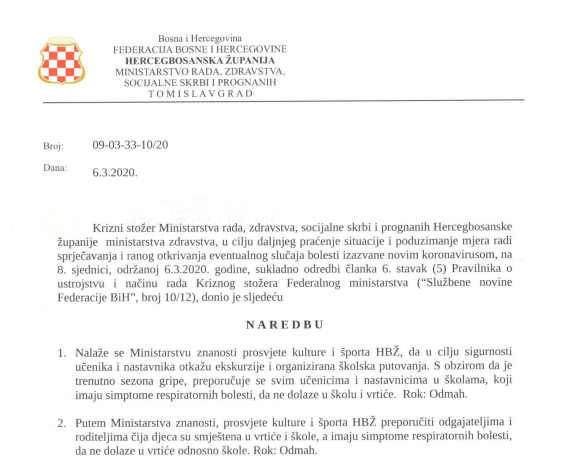 KRIZNI STOŽER MRZSSP HBŽ: Svim školama se nalaže otkazivanje ekskurzija i školskih putovanja, a svim učenicima koji imaju simptome respiratornih bolesti preporučuje se da ne dolaze u školu