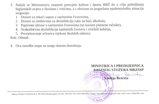 KRIZNI STOŽER MRZSSP HBŽ: Svim školama se nalaže otkazivanje ekskurzija i školskih putovanja, a svim učenicima koji imaju simptome respiratornih bolesti preporučuje se da ne dolaze u školu