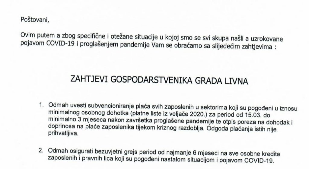 ZAHTJEVI GOSPODARSTVENIKA GRADA LIVNA