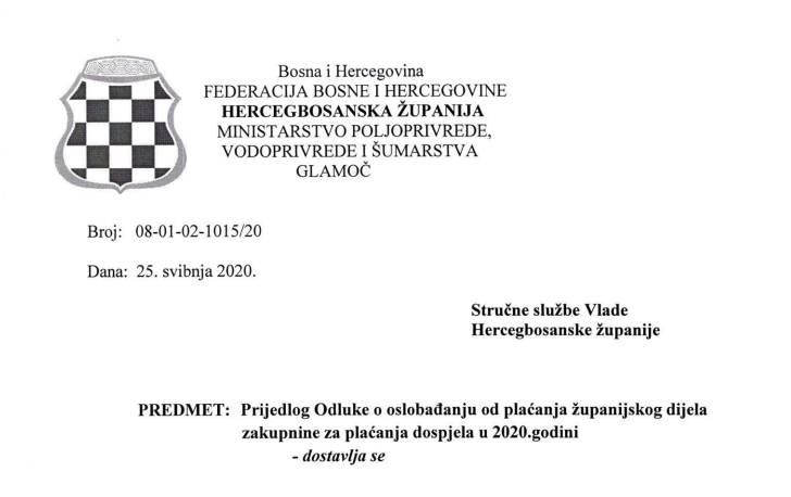 Prijedlog Odluke o oslobađanju od plaćanja županijskog dijela zakupnine za 2020. g