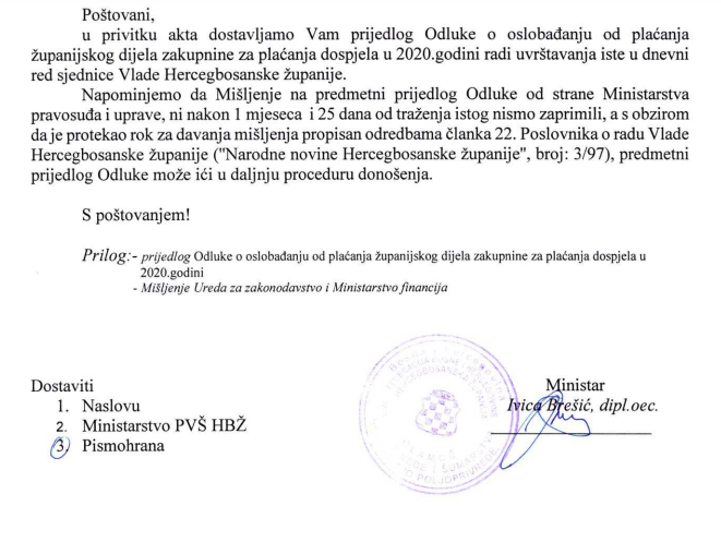 Prijedlog Odluke o oslobađanju od plaćanja županijskog dijela zakupnine za 2020. g