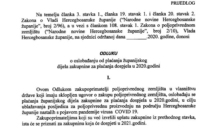 Prijedlog Odluke o oslobađanju od plaćanja županijskog dijela zakupnine za 2020. g