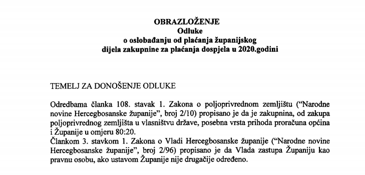 Prijedlog Odluke o oslobađanju od plaćanja županijskog dijela zakupnine za 2020. g