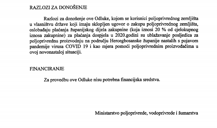 Prijedlog Odluke o oslobađanju od plaćanja županijskog dijela zakupnine za 2020. g