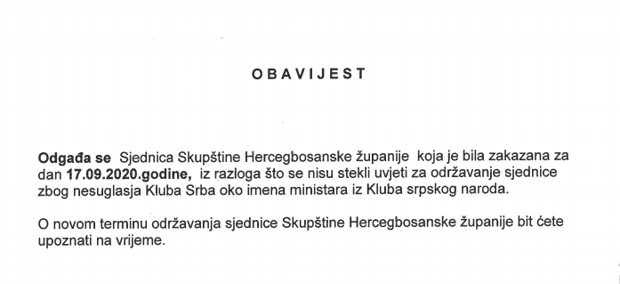 NIŠTA OD VLADE: Odgođena sjednica Skupštine HBŽ