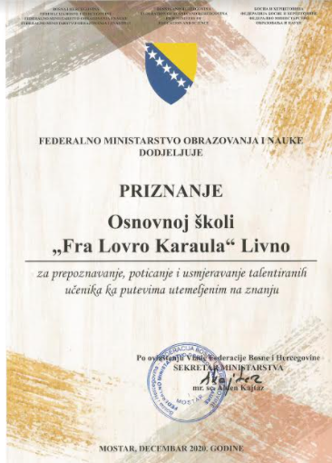 OŠ „Fra Lovro Karaulaˮ Livno dobila priznanje Federalnoga ministarstva obrazovanja i nauke