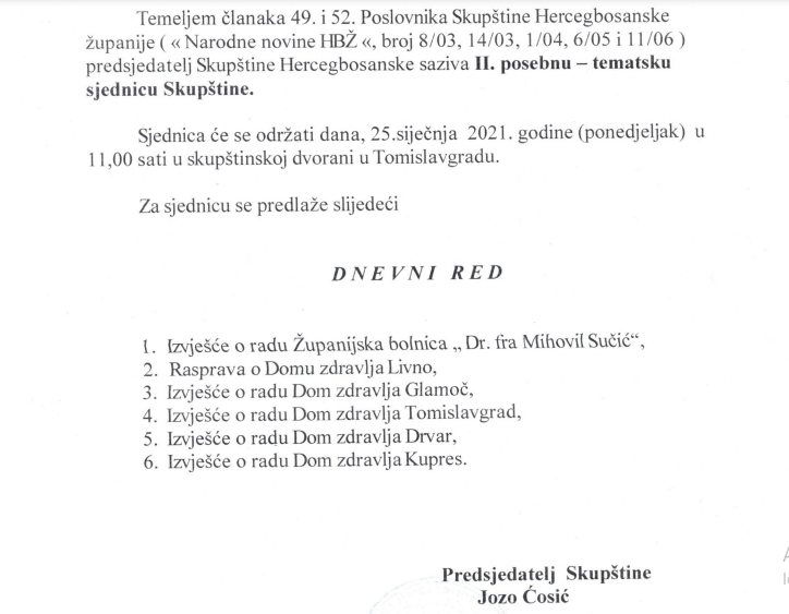 Zakazana sjednica Skupštine HBŽ, na dnevnom redu 6 točaka