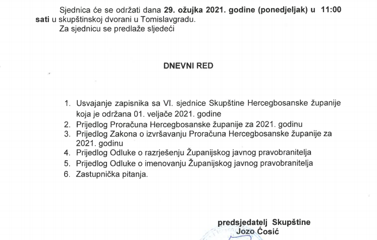 29. ožujka zasjedaju zastupnici u Skupštini HBŽ