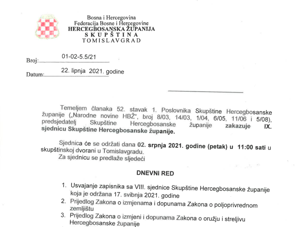 2. srpnja zasjedaju zastupnici u HBŽ, na dnevnom redu 12 točaka