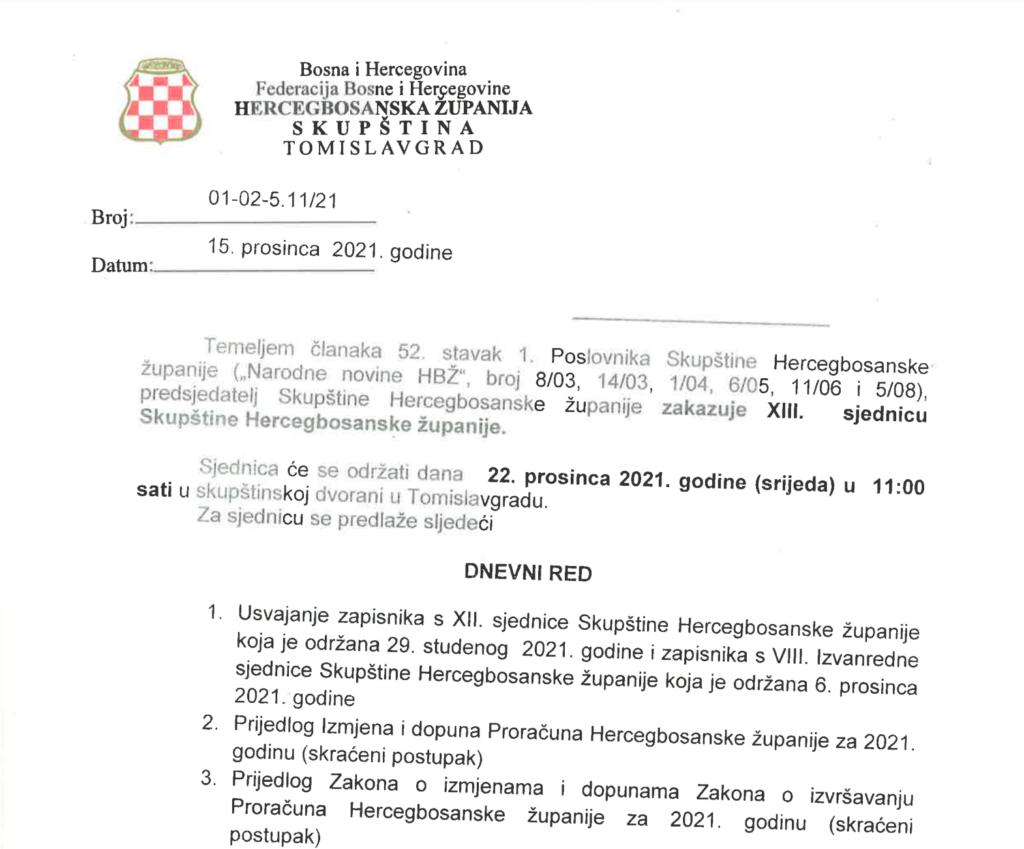 Predsjedatelj Skupštine HBŽ zakazao sjednicu, na dnevnom redu 10 točaka