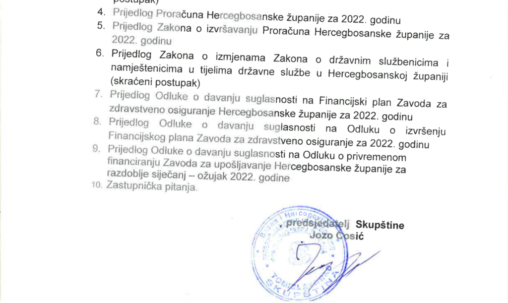 Predsjedatelj Skupštine HBŽ zakazao sjednicu, na dnevnom redu 10 točaka