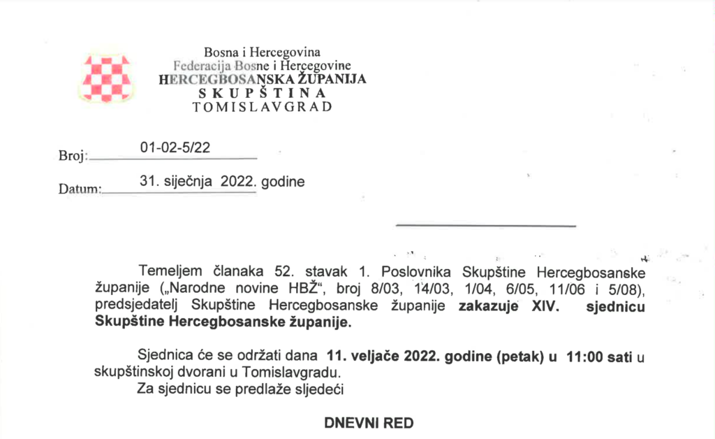 Zakazana sjednica Skupštine HBŽ, na dnevnom redu sedam točaka