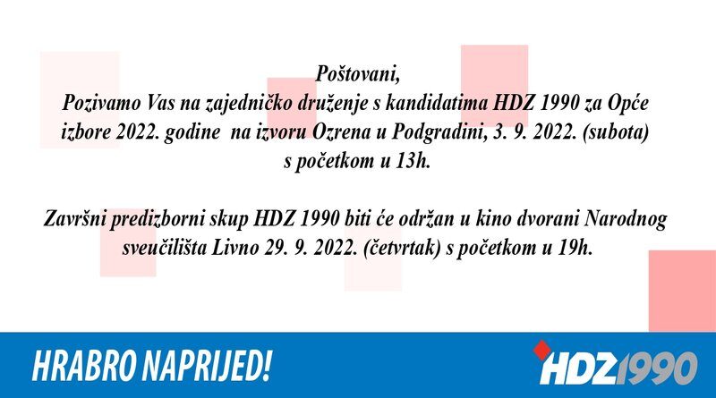 Poziv na druženje s kandidatima HDZ 1990 u Temeljnom ogranku Podhum