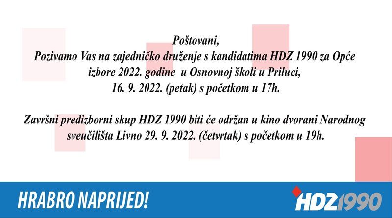 Poziv na druženje s kandidatima HDZ 1990 u Temeljnom ogranku Priluka