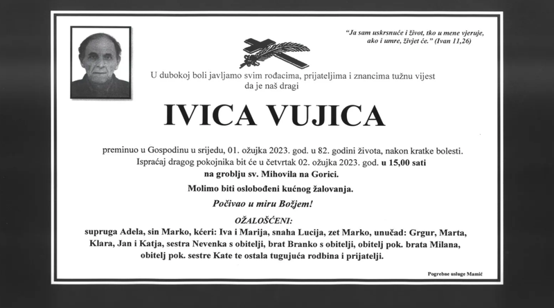 Posljednji ispraćaj Ivice Vujice  bit će 2. ožujka